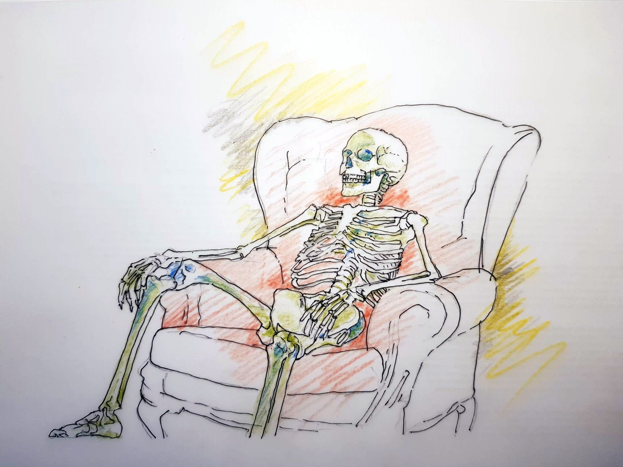 El esqueleto Simón, sentado en su sillón
